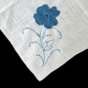 Vintage White Handkerchief Embroidered Applique Blue Flower Hankie 13.5"
